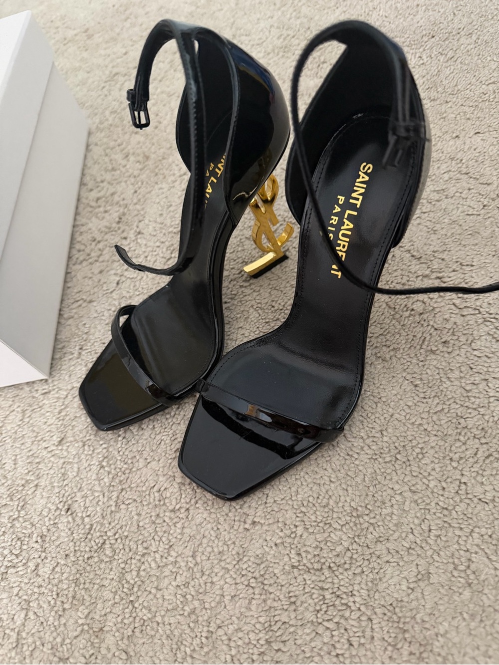 Saint Laurent Black Patent Leather Heeled Sandals with Gold YSL Logo Heel
